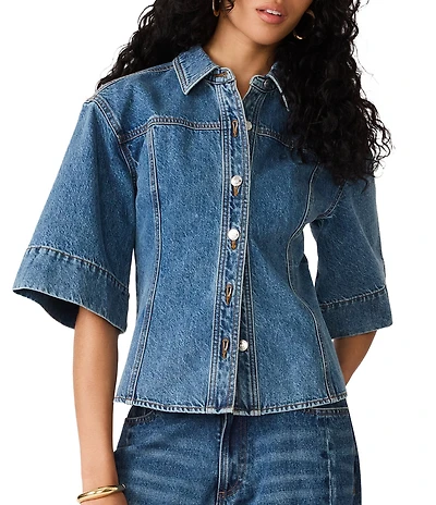 Steve Madden Savy Collared Elbow Sleeve Button Front Denim Top