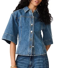 Steve Madden Savy Collared Elbow Sleeve Button Front Denim Top