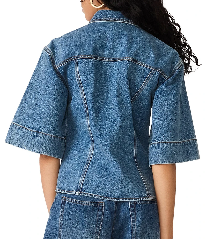 Steve Madden Savy Collared Elbow Sleeve Button Front Denim Top