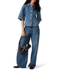 Steve Madden Savy Collared Elbow Sleeve Button Front Denim Top