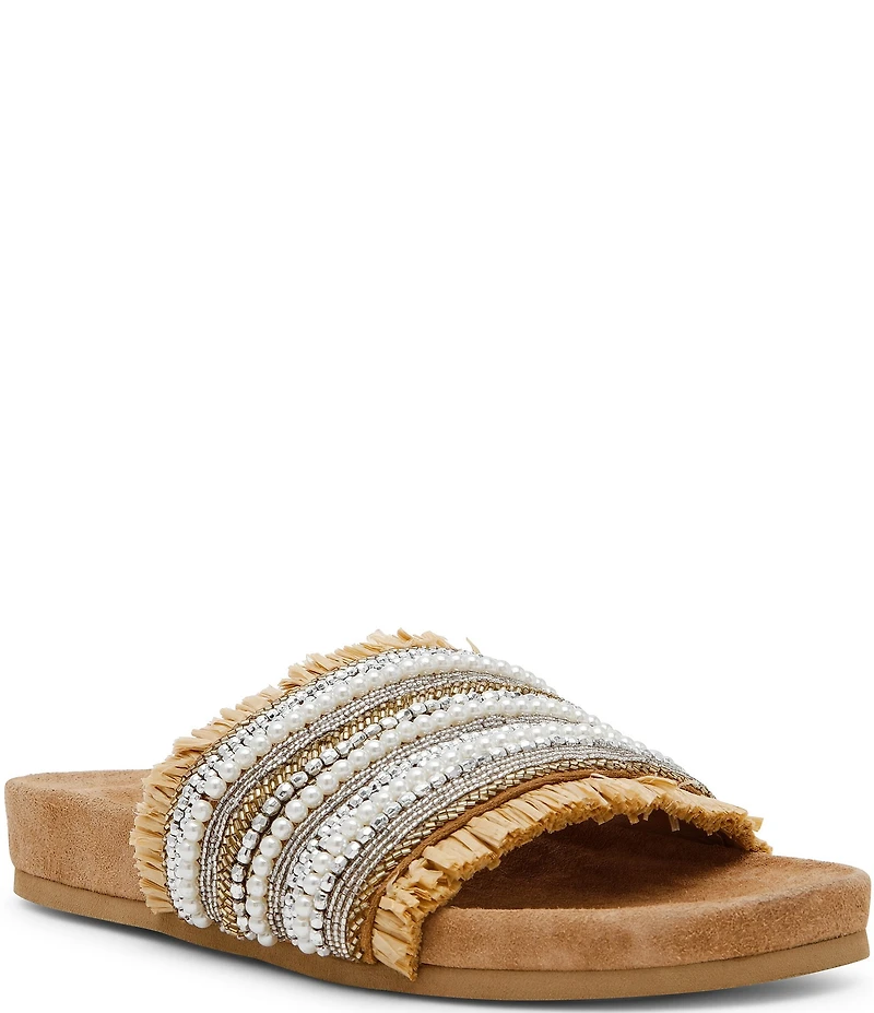 Steve Madden Seascape Raffia Pearl Beaded Slide Sandals