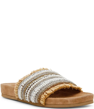 Steve Madden Seascape Raffia Pearl Beaded Slide Sandals