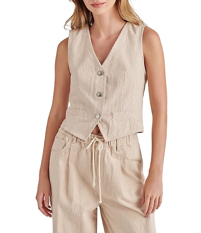 Steve Madden Selene Stripe V-Neck Sleeveless Button Down Denim Vest