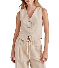 Steve Madden Selene Stripe V-Neck Sleeveless Button Down Denim Vest