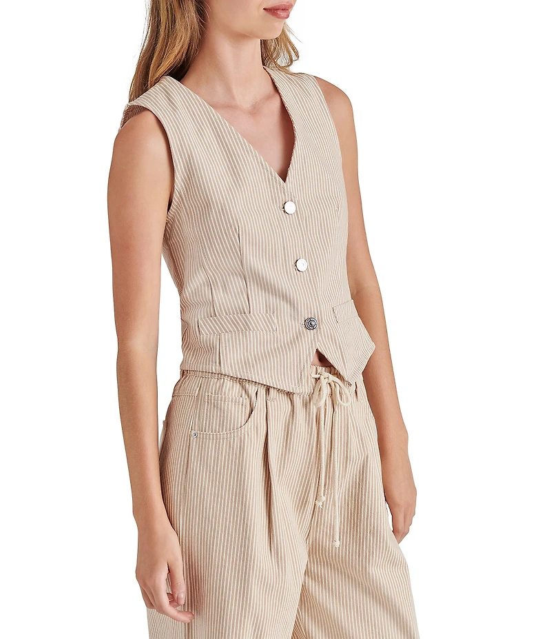 Steve Madden Selene Stripe V-Neck Sleeveless Button Down Denim Vest