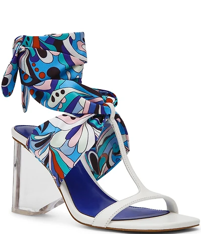 Steve Madden Sera Groovy Print Ankle Scarf Wrap Clear Acrylic Wedge Sandals