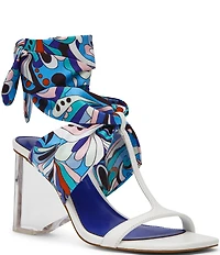 Steve Madden Sera Groovy Print Ankle Scarf Wrap Clear Acrylic Wedge Sandals