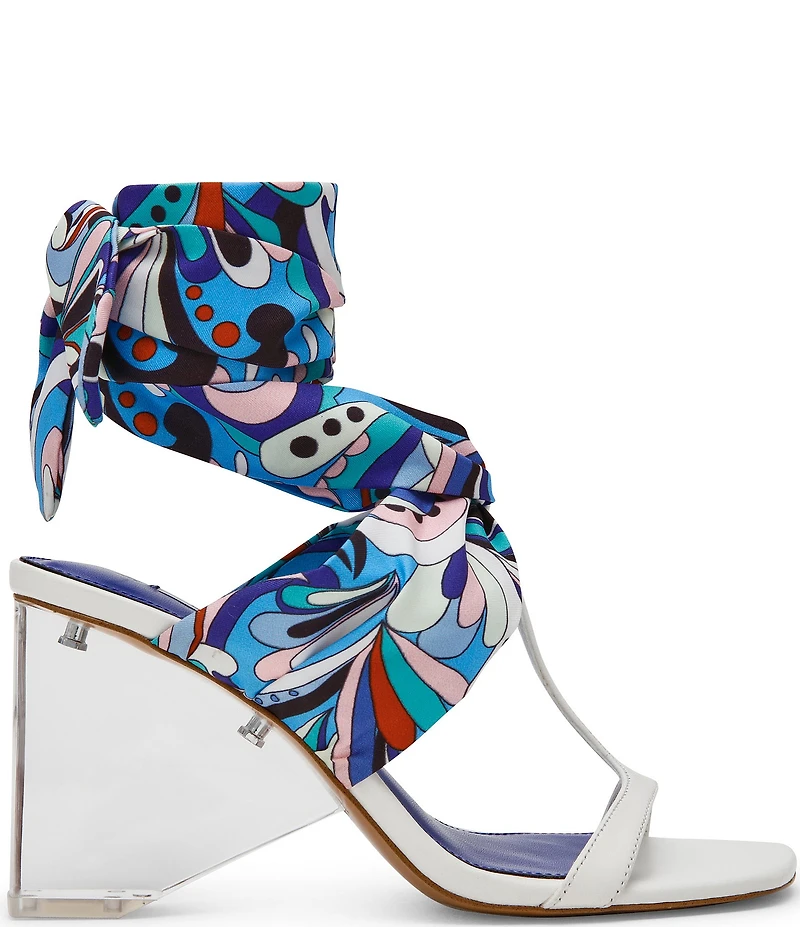 Steve Madden Sera Groovy Print Ankle Scarf Wrap Clear Acrylic Wedge Sandals