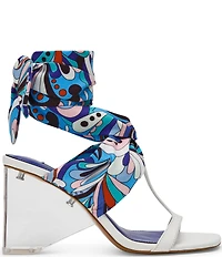 Steve Madden Sera Groovy Print Ankle Scarf Wrap Clear Acrylic Wedge Sandals