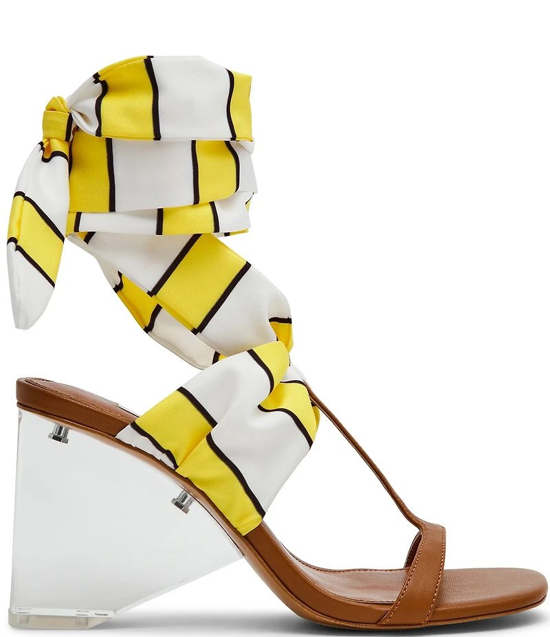 Steve Madden Sera Striped Ankle Scarf Wrap Clear Acrylic Wedge Sandals