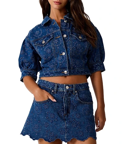Steve Madden Serafina Embroidered Collared Short Sleeve Coordinating Cropped Denim Jacket
