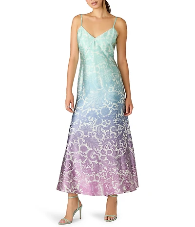 Steve Madden Sharmin Ombre Printed V-Neck Spaghetti Strap Sheath Maxi Dress