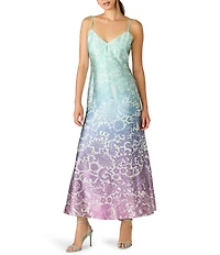 Steve Madden Sharmin Ombre Printed V-Neck Spaghetti Strap Sheath Maxi Dress