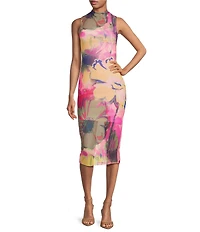Steve Madden Sidra Graffiti Floral Mesh Mock Neck Bodycon Midi Dress