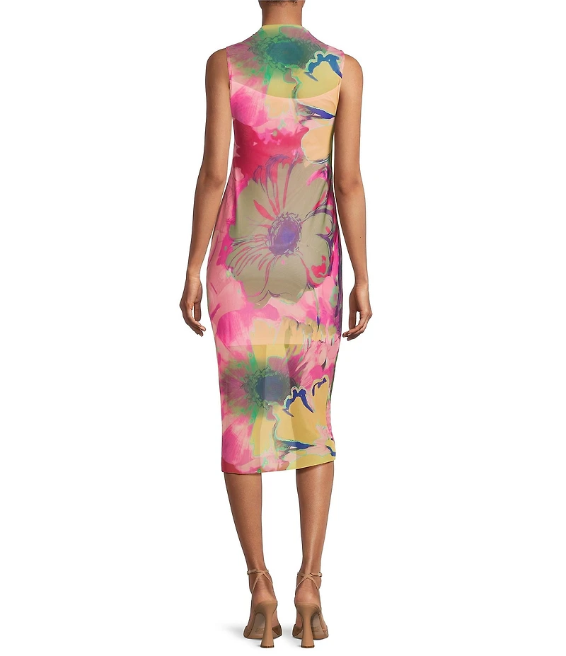 Steve Madden Sidra Graffiti Floral Mesh Mock Neck Bodycon Midi Dress