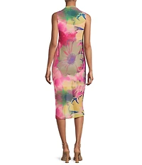 Steve Madden Sidra Graffiti Floral Mesh Mock Neck Bodycon Midi Dress