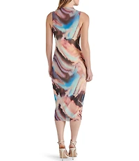 Steve Madden Sidra Multi Print Mock Neck Sleeveless Mesh Midi Dress