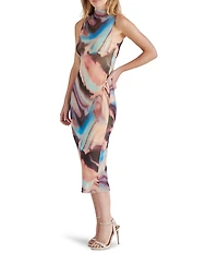 Steve Madden Sidra Multi Print Mock Neck Sleeveless Mesh Midi Dress