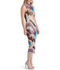 Steve Madden Sidra Multi Print Mock Neck Sleeveless Mesh Midi Dress