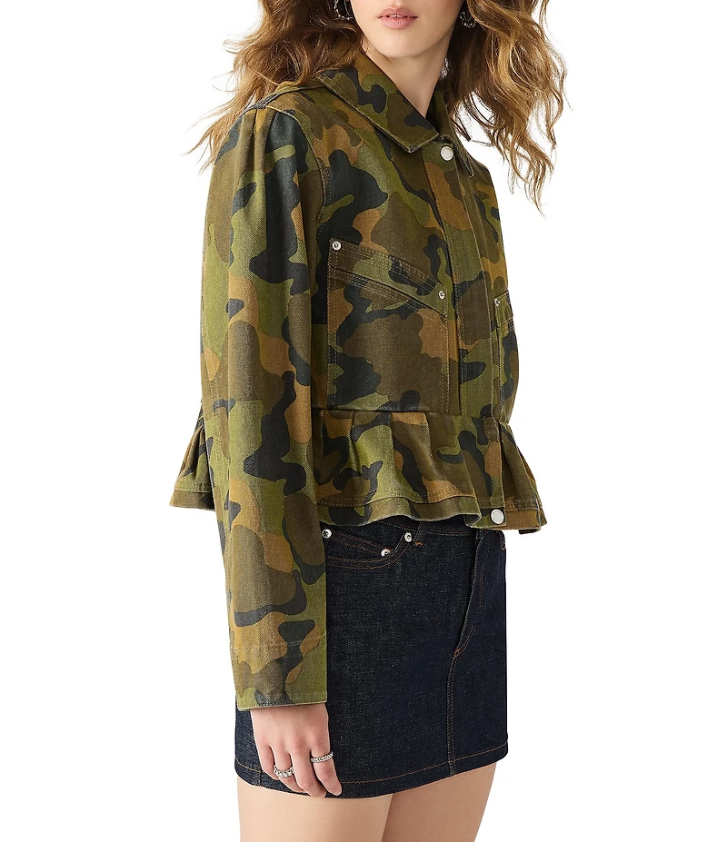 Steve Madden Sloan Camo Print Collared Long Sleeve Peplum Jacket