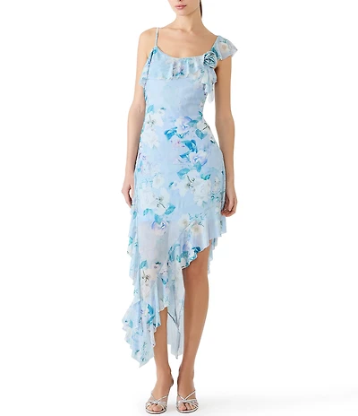 Steve Madden Sorellia Floral Printed Scoop Neck Sleeveless Asymmetrical Ruffle Hem Mesh Midi Dress