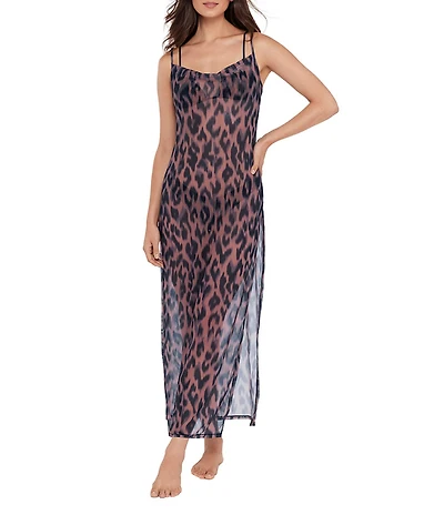 Steve Madden Static Leopard Mesh Cowl Neck Maxi Dress Swim Cover-Up