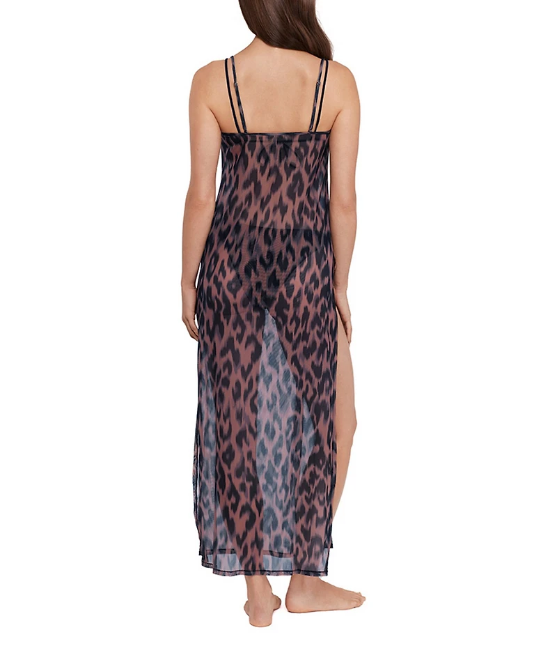 Steve Madden Static Leopard Mesh Cowl Neck Maxi Dress Swim Cover-Up