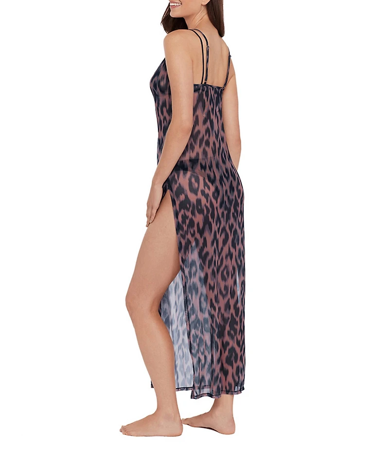 Steve Madden Static Leopard Mesh Cowl Neck Maxi Dress Swim Cover-Up