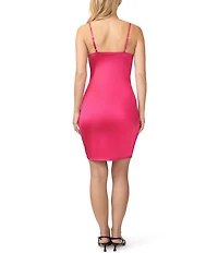 Stevie by Steve Madden Stretch Satin V-Neck Side Slit Lace Trim Dress