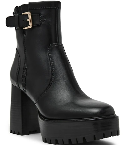 Steve Madden Summit Leather Buckle Hardware Platform Block Heel Booties