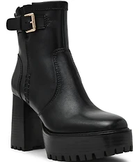 Steve Madden Summit Leather Buckle Hardware Platform Block Heel Booties