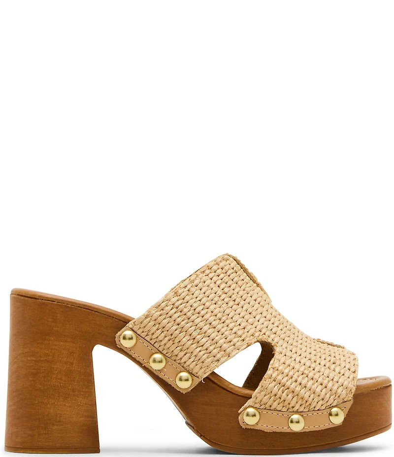 Steve Madden Sunkissed Raffia Studded Wood Platform Block Heel Slide Sandals
