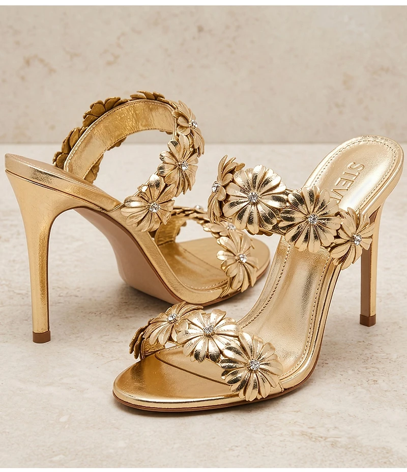 Steve Madden Sunshine Metallic Leather Floral Ornament Stiletto Dress Slide Sandals