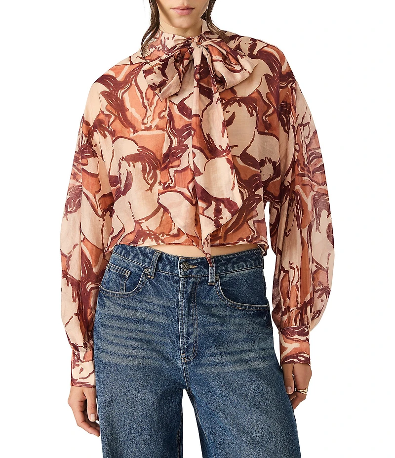 Steve Madden Sutton Wild Horse Dance Print Gossamer Bow Tie Neck Bishop Sleeve Top