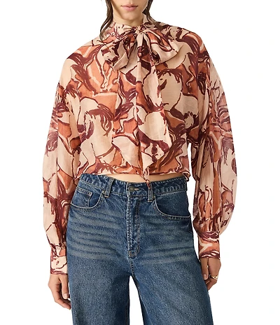Steve Madden Sutton Wild Horse Dance Print Gossamer Bow Tie Neck Bishop Sleeve Top
