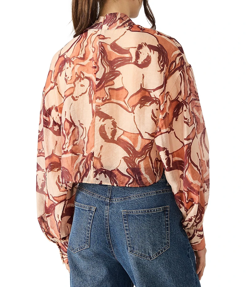 Steve Madden Sutton Wild Horse Dance Print Gossamer Bow Tie Neck Bishop Sleeve Top