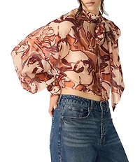 Steve Madden Sutton Wild Horse Dance Print Gossamer Bow Tie Neck Bishop Sleeve Top