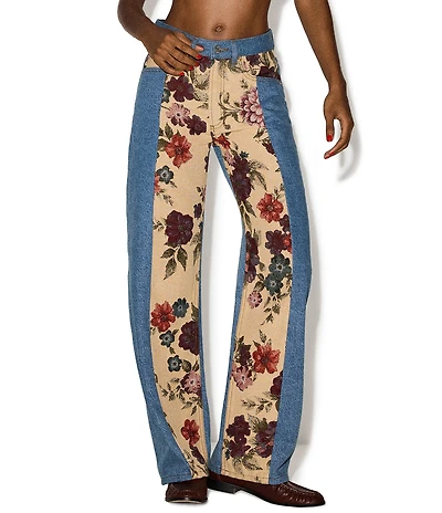 Steve Madden Sydnee Floral Print Mixed Media High Rise Barrel Leg Coordinating Jeans