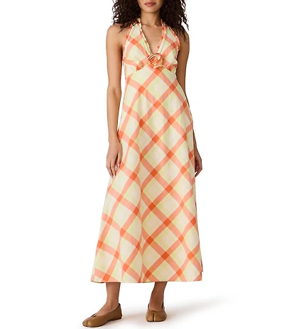 Steve Madden Tania Plaid Printed Halter Neck Sleeveless Midi Dress