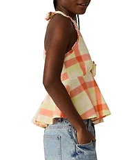 Steve Madden Tania Rosette Plaid Halter Neck Tie Back Sleeveless Top