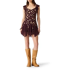 Steve Madden Tanisha Printed Chiffon V-Neck Cap Sleeve Godet Hem Mini Dress