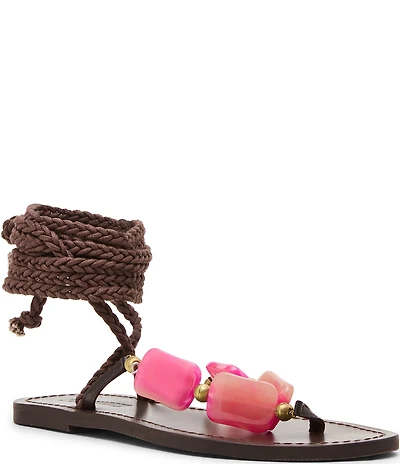 Steve Madden Tasha Beaded Ornament Ankle Wrap Flat Thong Sandals