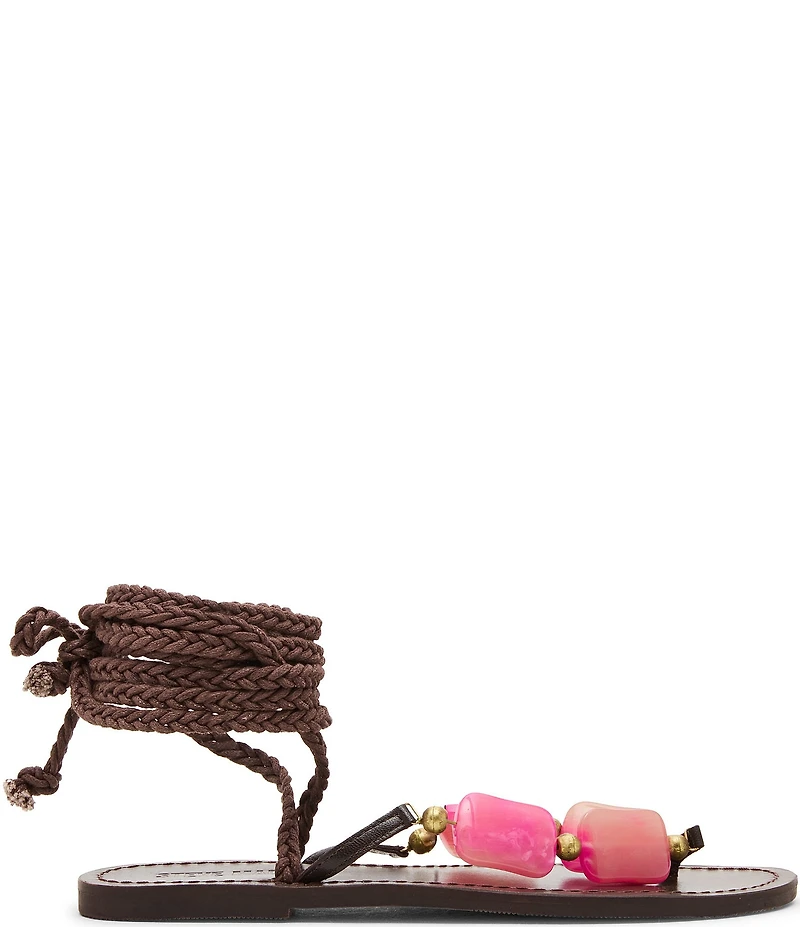 Steve Madden Tasha Beaded Ornament Ankle Wrap Flat Thong Sandals
