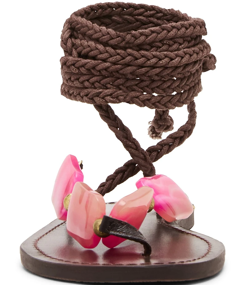 Steve Madden Tasha Beaded Ornament Ankle Wrap Flat Thong Sandals