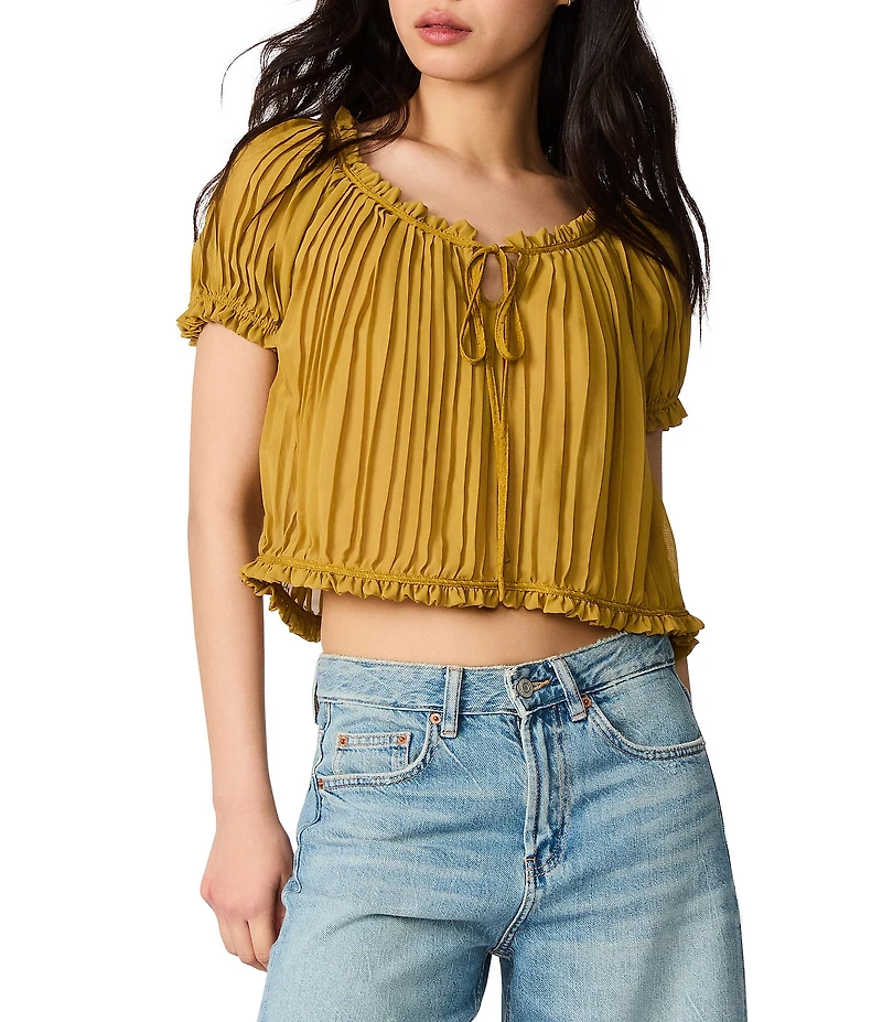 Steve Madden Theodora Pleated Chiffon Scoop Neck Short Sleeve Top