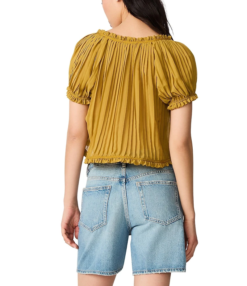 Steve Madden Theodora Pleated Chiffon Scoop Neck Short Sleeve Top