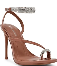 Steve Madden Tia Patent Rhinestone Ankle Strap Toe Loop Hardware Dress Sandals