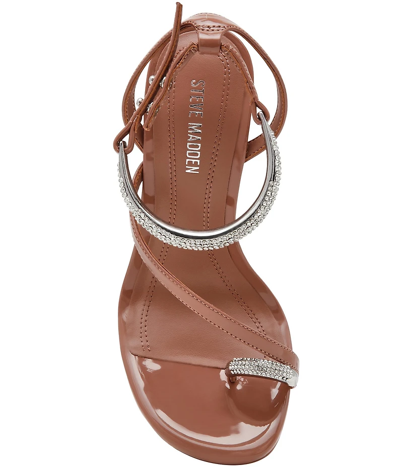Steve Madden Tia Patent Rhinestone Ankle Strap Toe Loop Hardware Dress Sandals