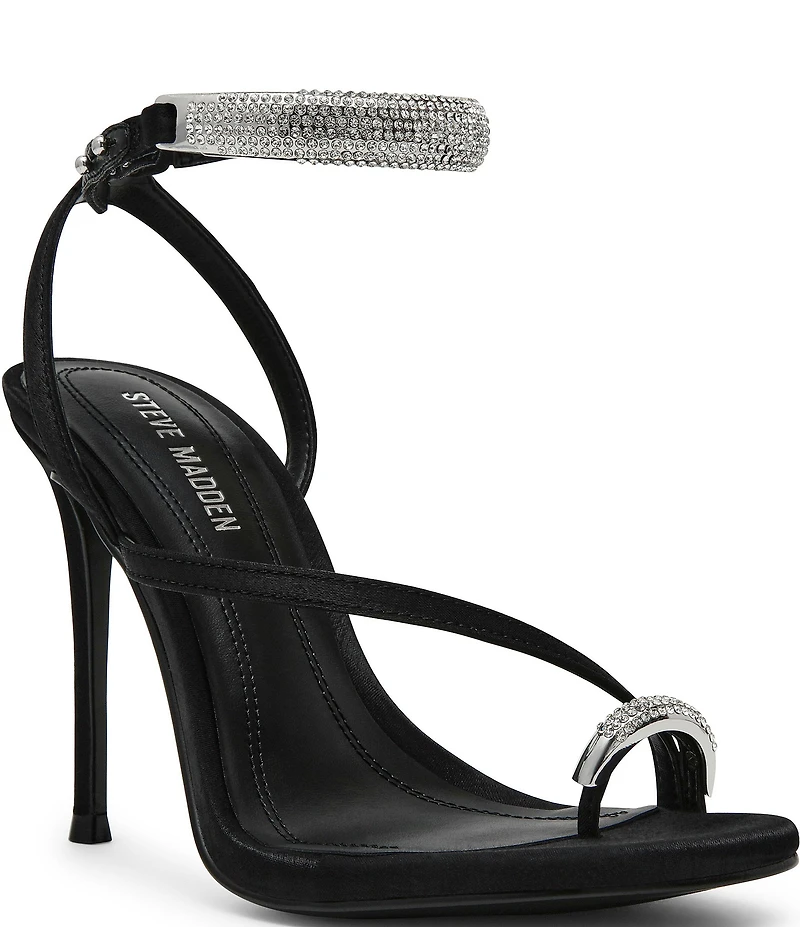 Steve Madden Tia Satin Rhinestone Hardware Ankle Strap Toe Loop Dress Sandals