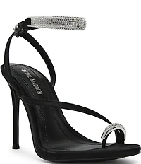 Steve Madden Tia Satin Rhinestone Hardware Ankle Strap Toe Loop Dress Sandals